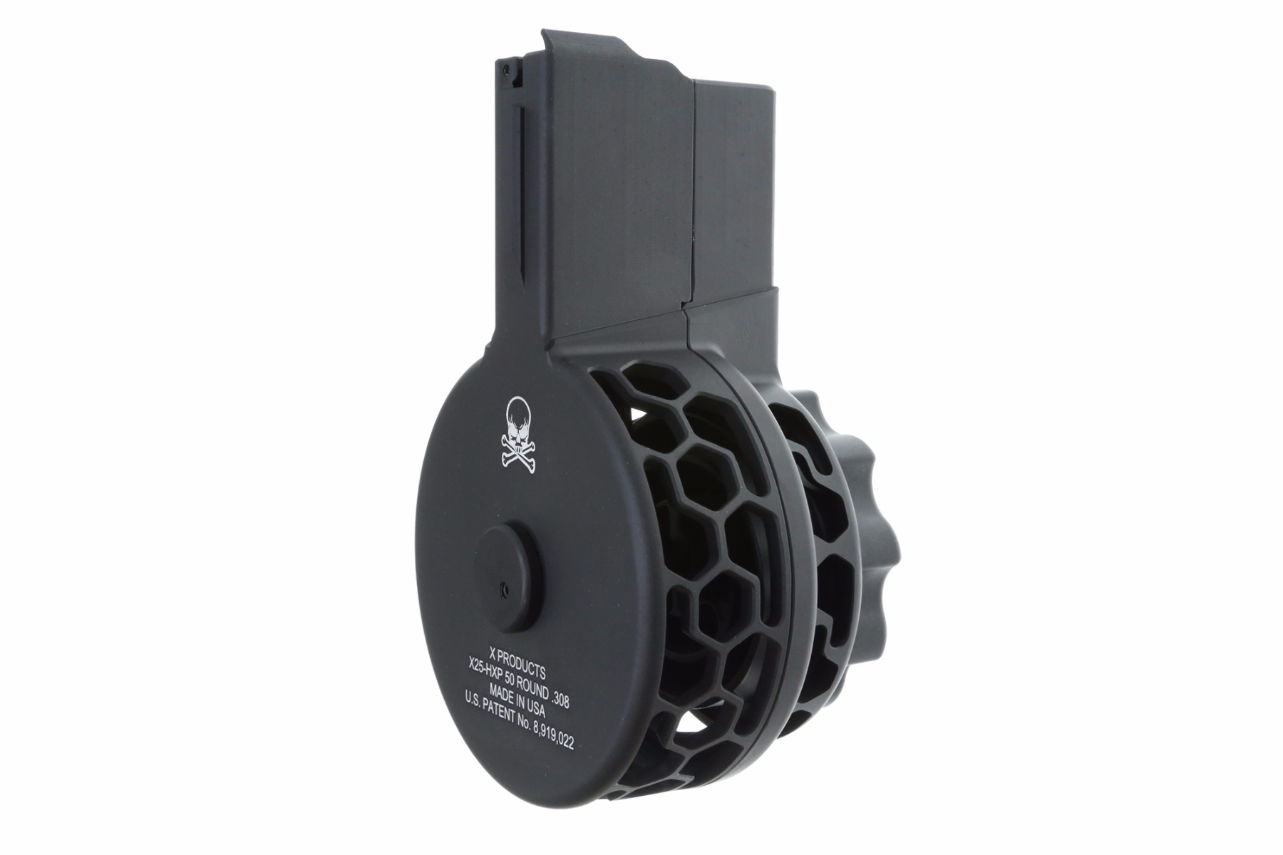 X Products X-25 50 Round Drum Magazine for AR .308 & SR-25 - Black | Skeletonized | Hex Pattern