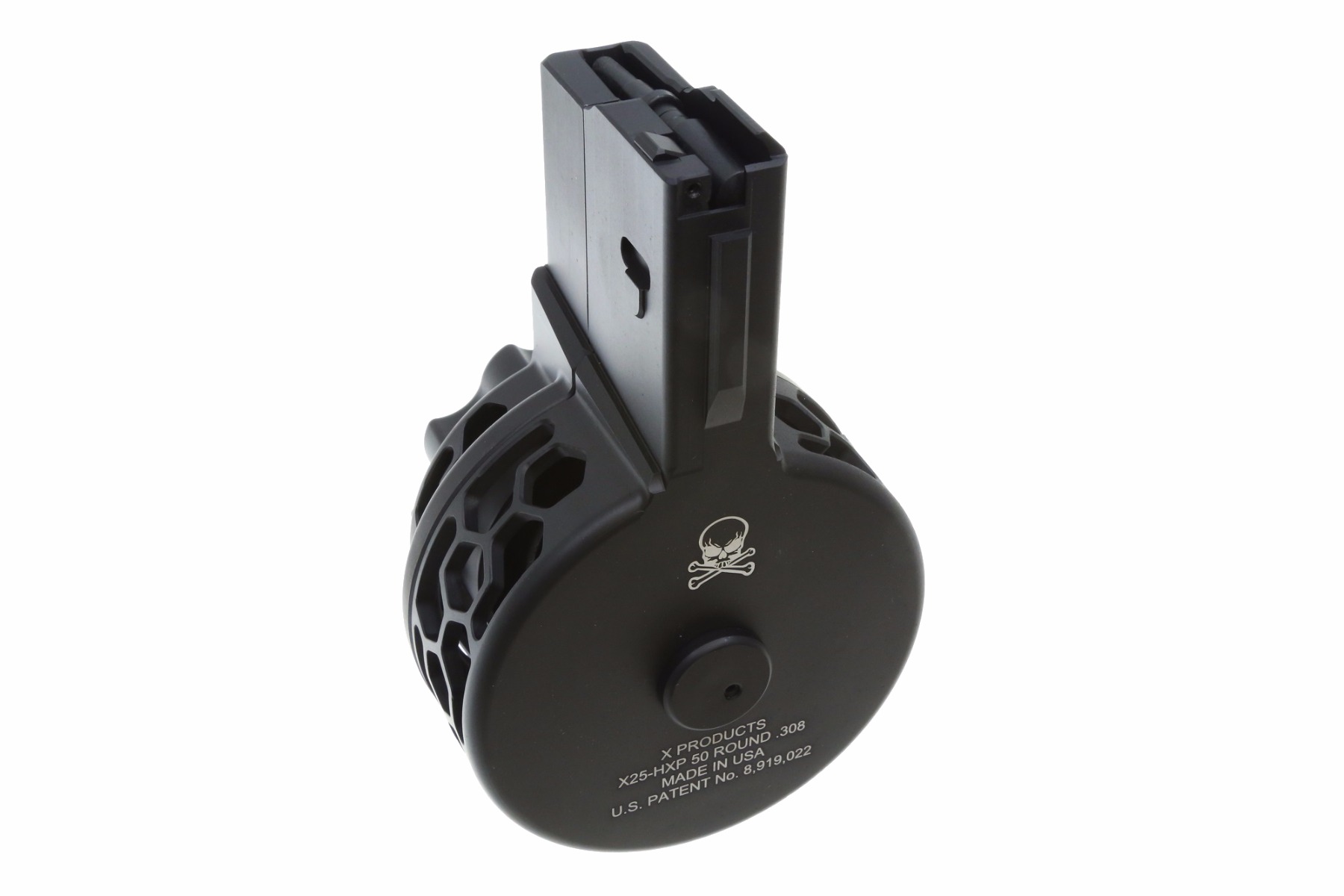 X Products X-25 50 Round Drum Magazine for AR .308 & SR-25 - Black | Skeletonized | Hex Pattern - Image 4