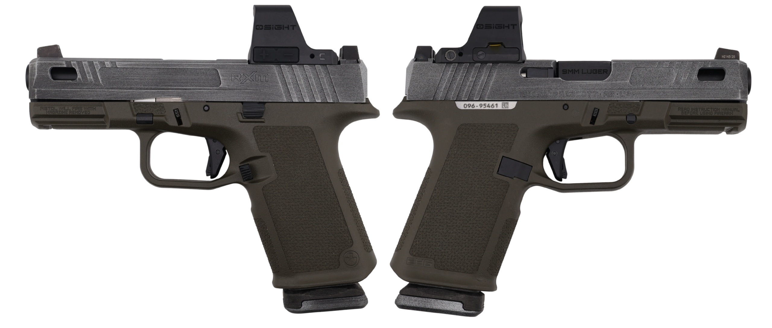 RUGER RXM 9MM PISTOL 4" PORTED BBL ODG/CRUSHED SILVER MAGPUL EHG, O.R. 2-15RD MAGS
